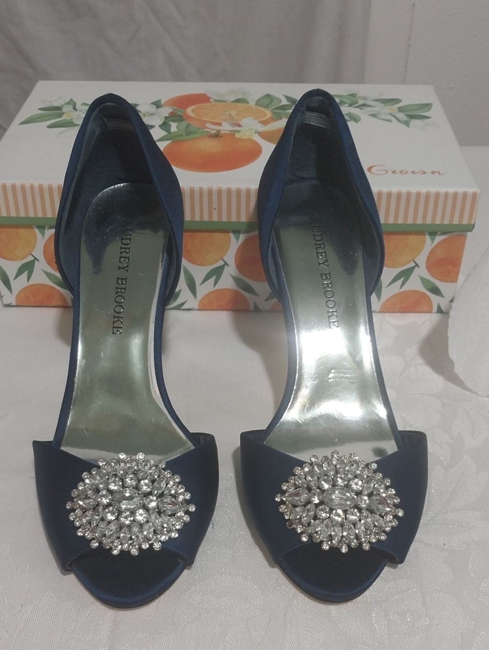 Audrey Brooke Navy Satin D'Orsay Peep-Toe Heels with Crystal Medallion